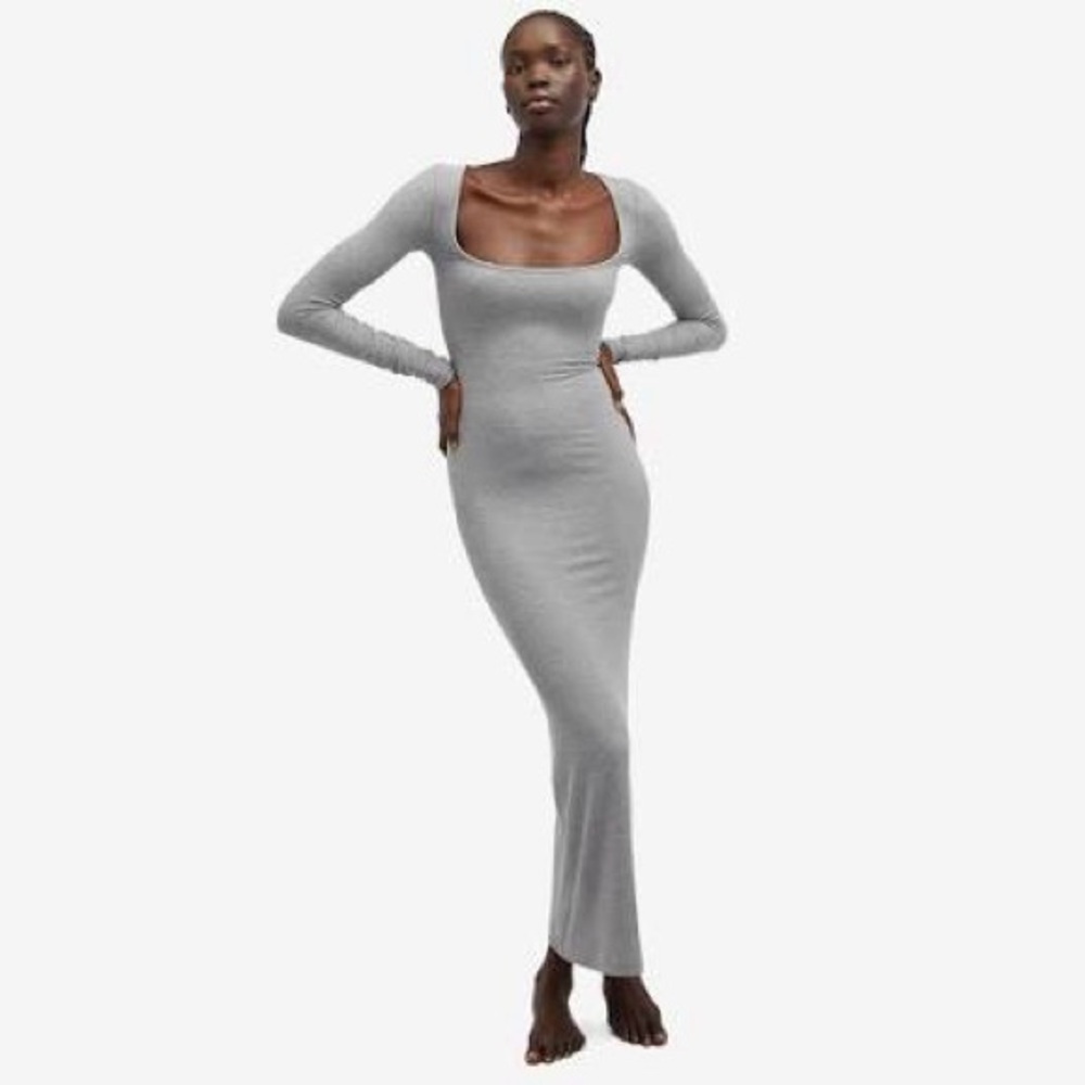 Skims Soft Lounge Long Sleeve Rib Dress Heather Grey